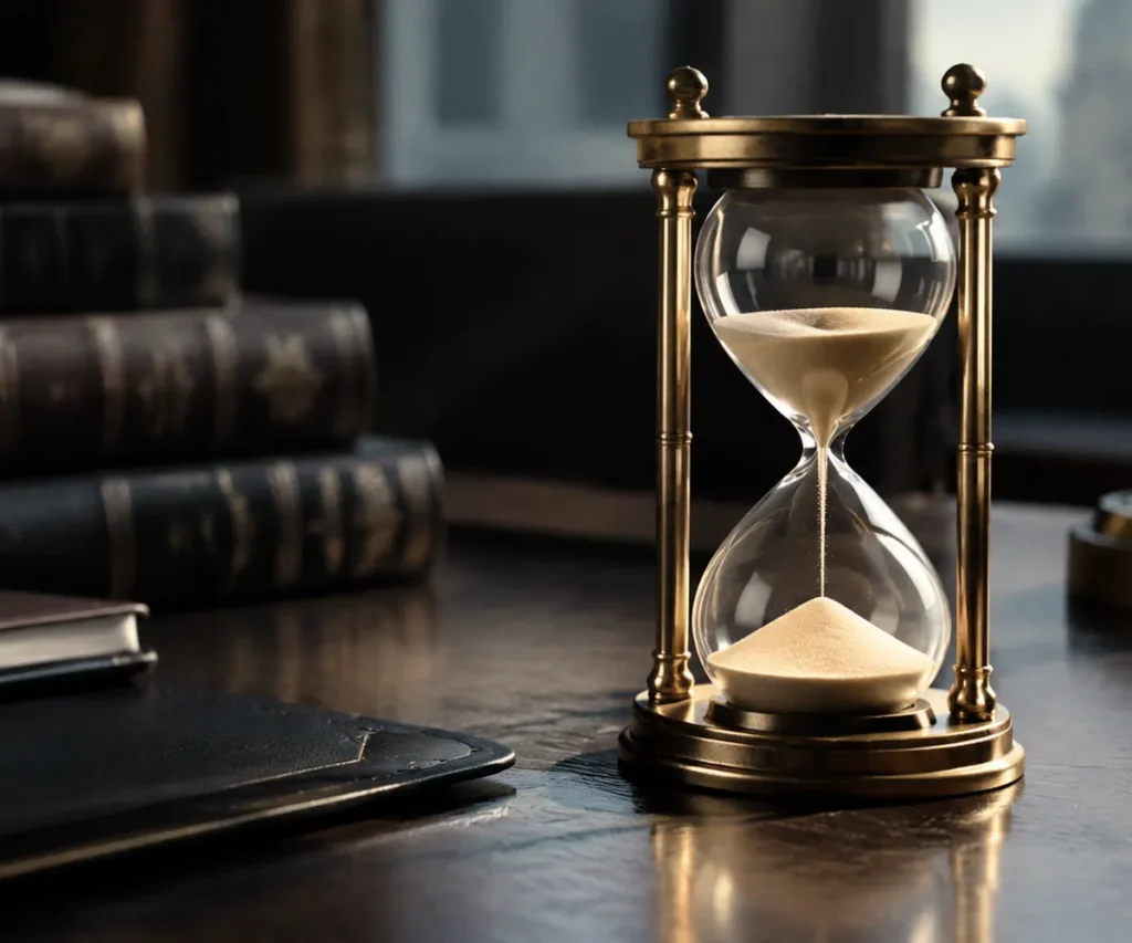 Antique hourglass with sand mid-fall