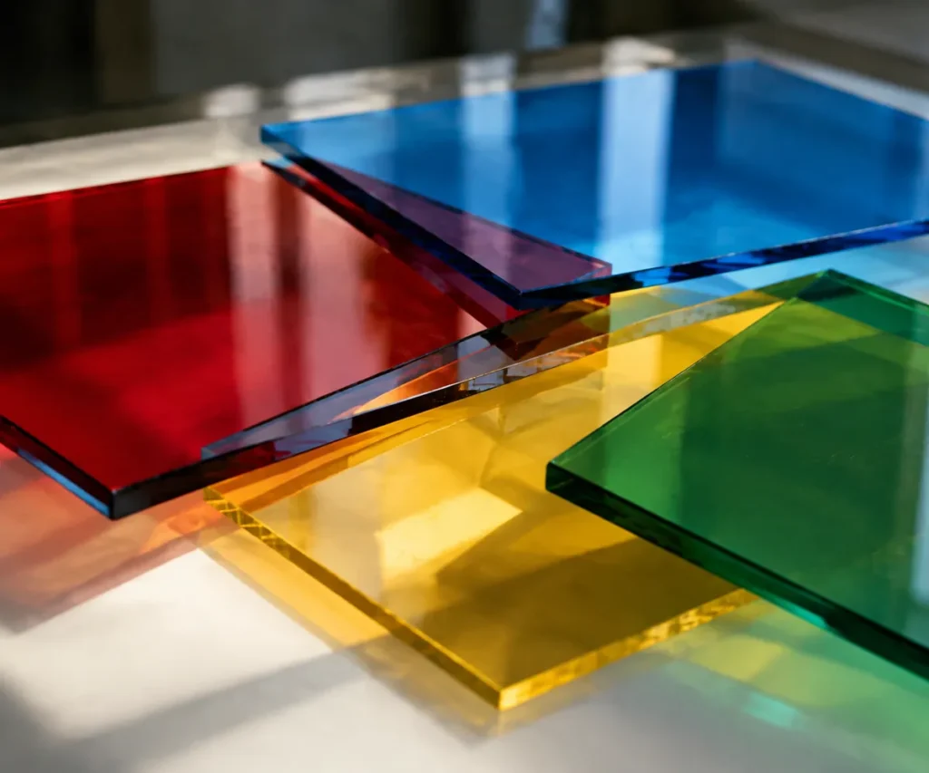 Overlapping coloured glass panes on a light table