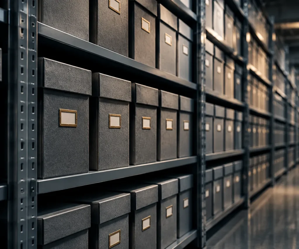 Row of identical archive boxes on metal shelving