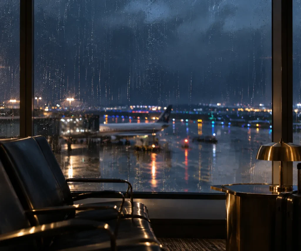 Rain-streaked airport window at night