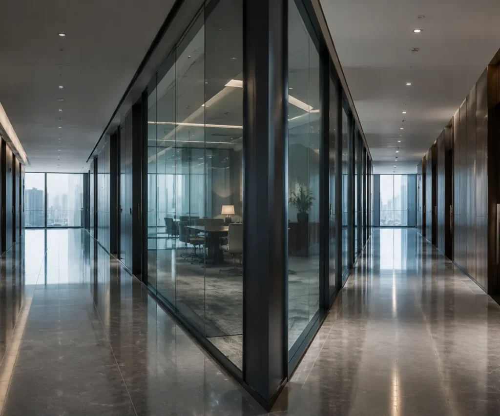 Two corridors diverging behind a glass partition